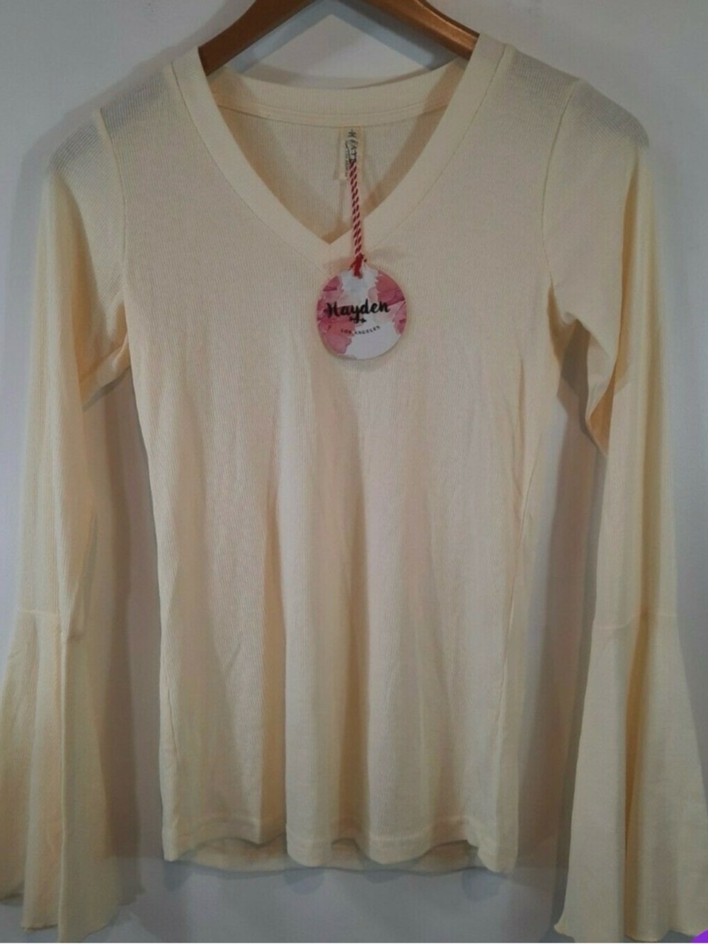Hayden Los Angeles Cream Ribbed V-Neck Bell Sleeve Top NWT 1X